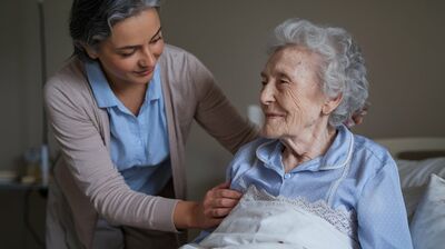 ältere Frau, die von einer jüngeren Frau liebevoll unterstützt wird. Die ältere Frau sitzt in einem Stuhl und lächelt, während die jüngere Frau neben ihr steht und ihre Hand hält. Dies scheint eine Szene der Fürsorge und Unterstützung zwischen zwei Genera