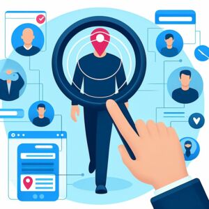 Grafische Darstellung eines Pflegegrads mit einer Person im Fokus, umgeben von Symbolen für Kommunikation und soziale Interaktion, die die Wichtigkeit der digitalen Vernetzung in der Pflege verdeutlicht.