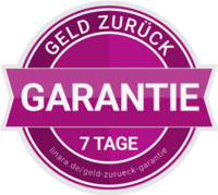 ein pinkfarbenes Siegel mit dem Text „GELD ZURÜCK GARANTIE 7 TAGE“. Es vermittelt den Eindruck einer Rückgarantie für eine Dauer von sieben Tagen und könnte in einem Verkaufs- oder Werbekontext verwendet werden.